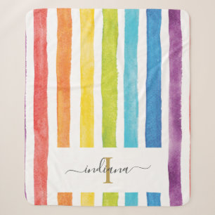 Rainbow Monogram Name Watercolor Stripes Sherpa Blanket