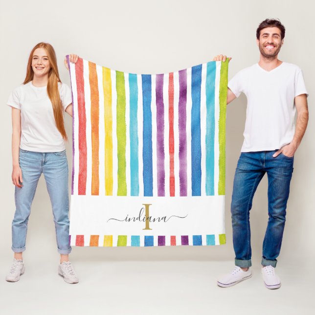 Rainbow Monogram Script Name Watercolor Stripes Fleece Blanket (In Situ)