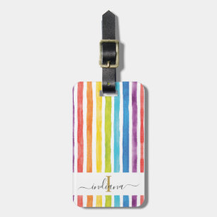 Rainbow Monogram Watercolor Stripe Luggage Tag
