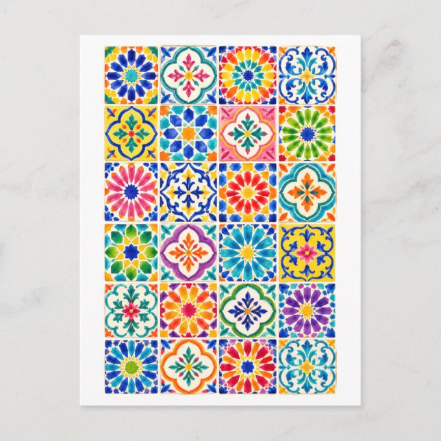 Rainbow Moroccan Tile Collage Illustration Postcard (Front)