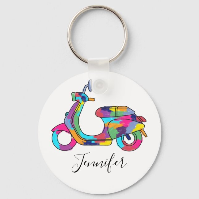 Rainbow Motor Scooter Moped Personalized Keychain (Front)