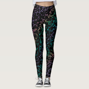 Rainbow Music Notes Floral Pattern Black Leggings