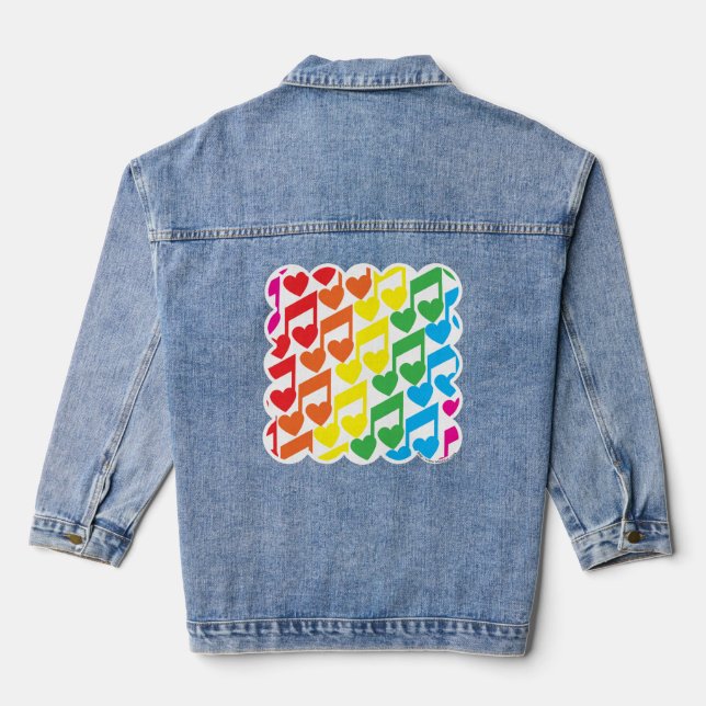 Rainbow Musical Notes Cute Pattern Denim Jacket (Back)