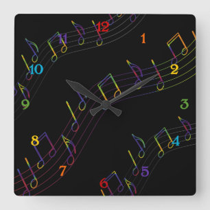 Rainbow Musical Notes Square Square Wall Clock