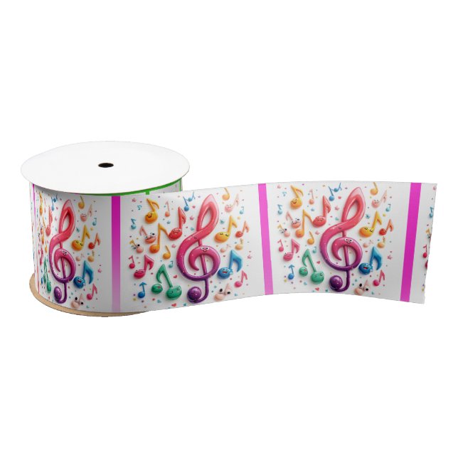 Rainbow Musical Notes With Animated Faces Satin Ribbon (Spool)