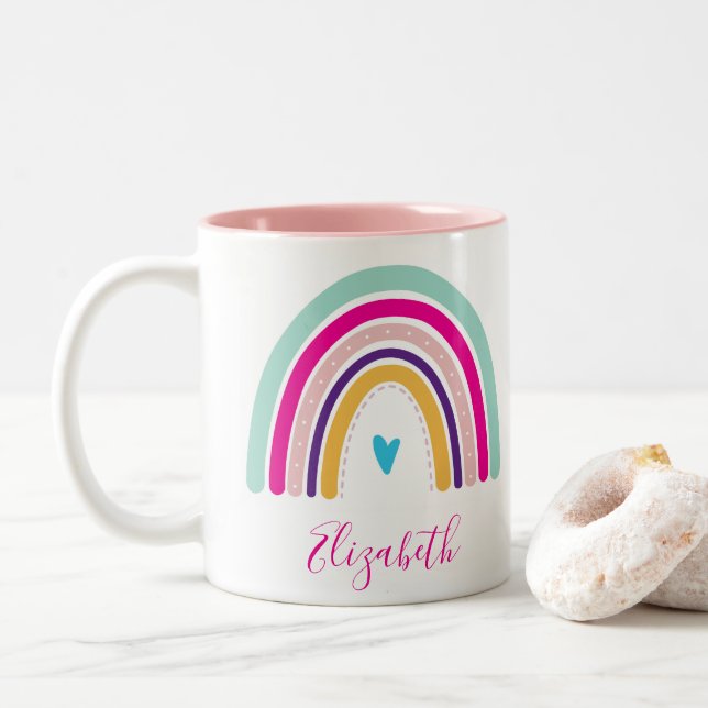 RAINBOW NAME colourful fun boho design Two-Tone Coffee Mug (With Donut)