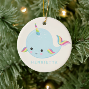 Rainbow Narwhal Kawaii Pattern Pastel Blue Name Ceramic Ornament