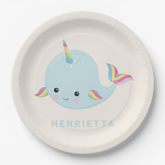 Rainbow Narwhal Kawaii Pattern Pastel Blue Name Paper Plate (Front)
