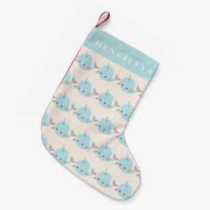 Rainbow Narwhal Kawaii Pattern Pastel Blue Name Small Christmas Stocking
