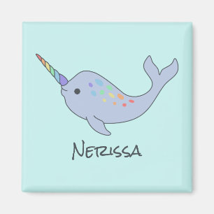 Rainbow Narwhal Name Square Magnet