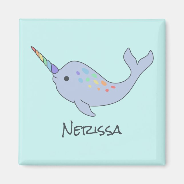 Rainbow Narwhal Name Square Magnet (Front)