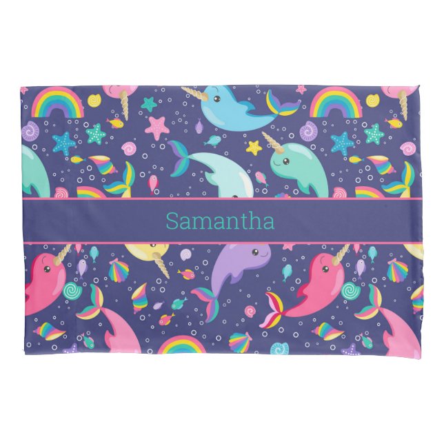 Rainbow Narwhal Under The Sea Girls Personalized Pillowcase (Front)