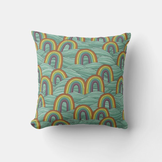 Rainbow Nature: Hand-Drawn Vintage Composition Throw Pillow (Front)