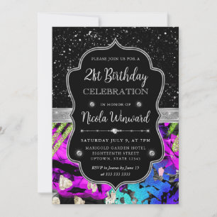 Rainbow Neon Abstract Glitter 21st Birthday Invitation