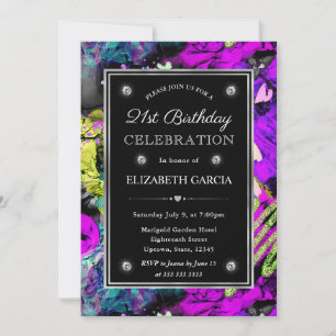 Rainbow Neon Abstract Glitter Frame 21st Birthday Invitation