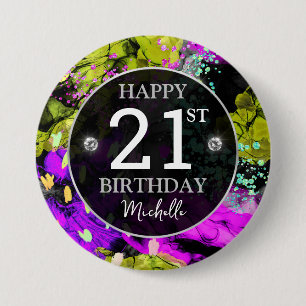 Rainbow Neon Abstract Glitter Frame Birthday 3 Inch Round Button