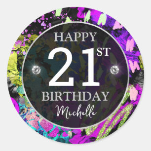 Rainbow Neon Abstract Glitter Frame Birthday Classic Round Sticker