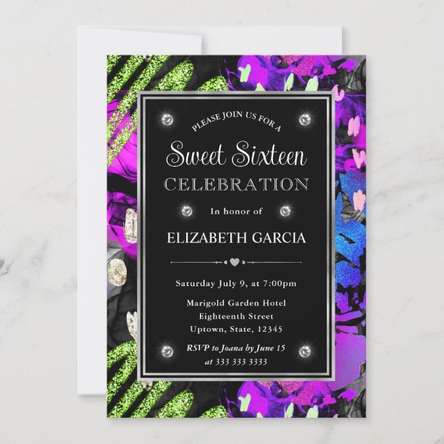 Rainbow Neon Abstract Glitter Frame Sweet 16 Invitation (Front)