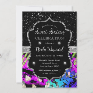 Rainbow Neon Abstract Glitter Sweet 16 Invitation