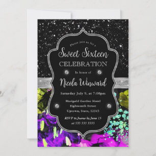Rainbow Neon Abstract Glitter Sweet 16 Invitation