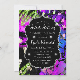 Rainbow Neon Abstract Glitter Sweet 16 Invitation