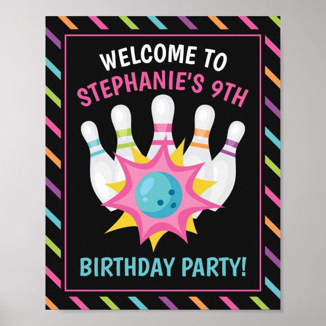 Rainbow Neon Bowling Anniversaire Affiche de bienv (Devant)