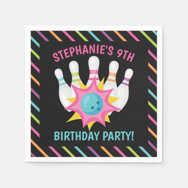 Rainbow Neon Bowling Birthday Party Napkin (Front)
