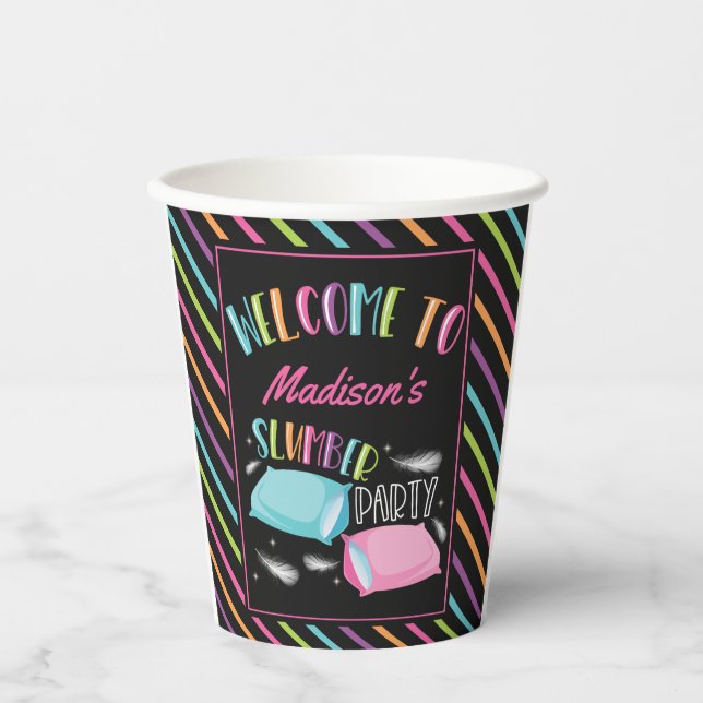 Rainbow Neon Slumber Party Sleepover Personalized Paper Cups (Front)