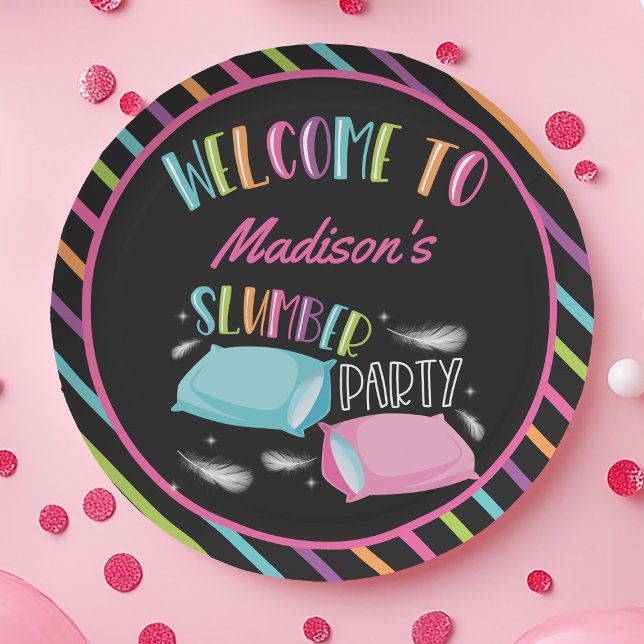 Rainbow Neon Slumber Party Sleepover Personalized Paper Plate (Creator Uploaded)