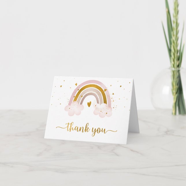 Rainbow Neutral Gold Pastel Baby Shower Thank You Card (Front)