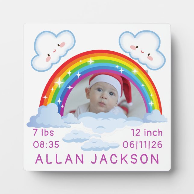 Rainbow Newborn Photo personalized Baby Gift Plaque (Front)