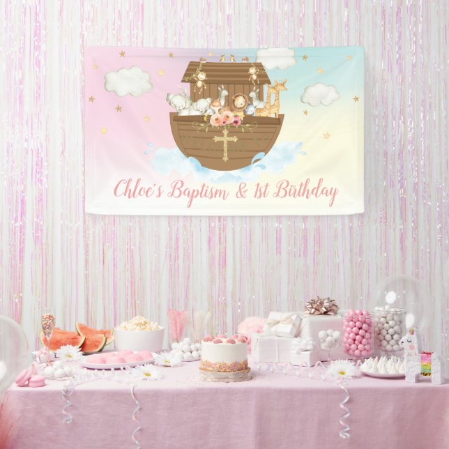 Rainbow Noah's Ark 1st Birthday Baptism Backdrop Banner (Party)
