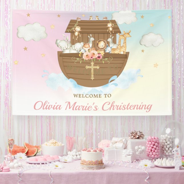 Rainbow Noah's Ark Christening Baptism Backdrop Banner (Party)