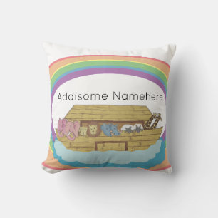 Rainbow Noah's Ark on White custom Name Throw Pillow