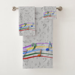 Rainbow notes on grey music notes pattern bath towel set