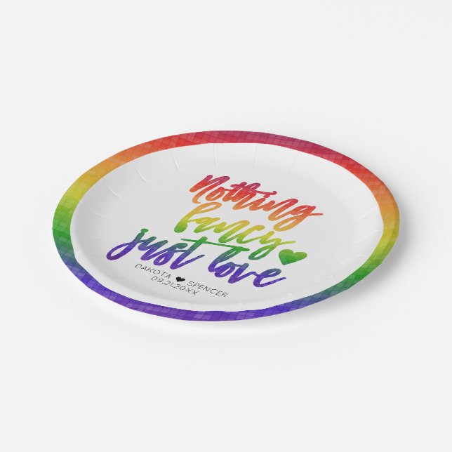 Rainbow Nothing Fancy Just Love | Casual Wedding Paper Plate (Angled)