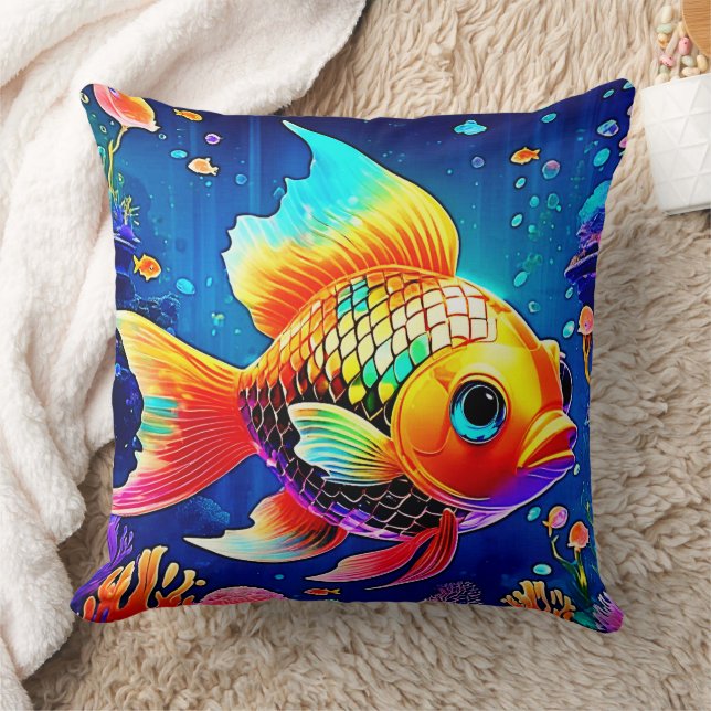 Rainbow Ocean Reef Fish Design Throw Pillow (Blanket)
