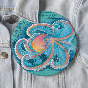 Rainbow Octopus Teal Vintage Map 6 Inch Round Button