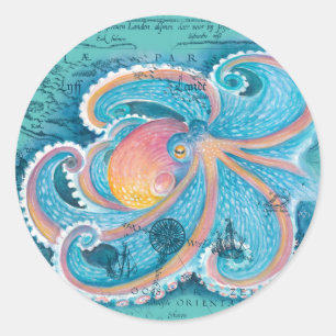 Rainbow Octopus Teal Vintage Map Classic Round Sticker