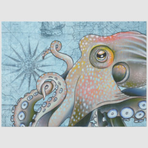 Rainbow Octopus Vintage Map Compass Nautical Tissue Paper