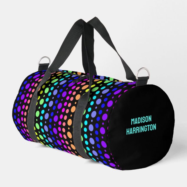 Rainbow of Dots Custom Name Duffle Bag (Left Corner)