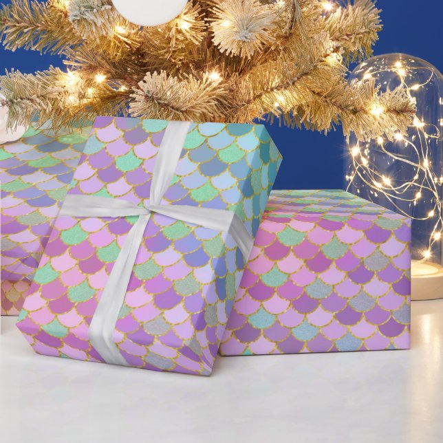 Rainbow Ombre and Gold Glitter Mermaid Scales Wrapping Paper (Holidays)