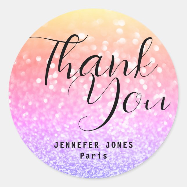 Rainbow Ombre Glitter Crystal Bokeh Thank You  Classic Round Sticker (Front)