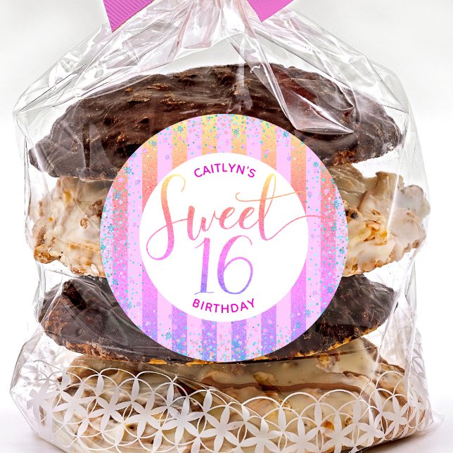 Rainbow ombre glitter script sweet 16 birthday classic round sticker (Creator Uploaded)