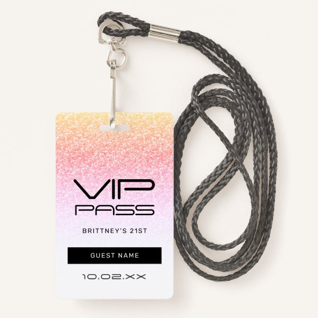  Rainbow Ombre Glitter VIP Pass Party Invitation Badge (Front with Lanyard)