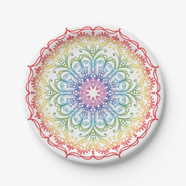 Rainbow Ombre Gradation Mandala  Paper Plate (Front)