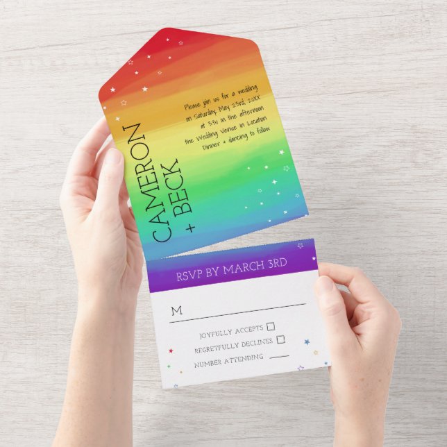 Rainbow Ombre & Stars LGBT Wedding All In One Invi All In One Invitation (Tearaway)