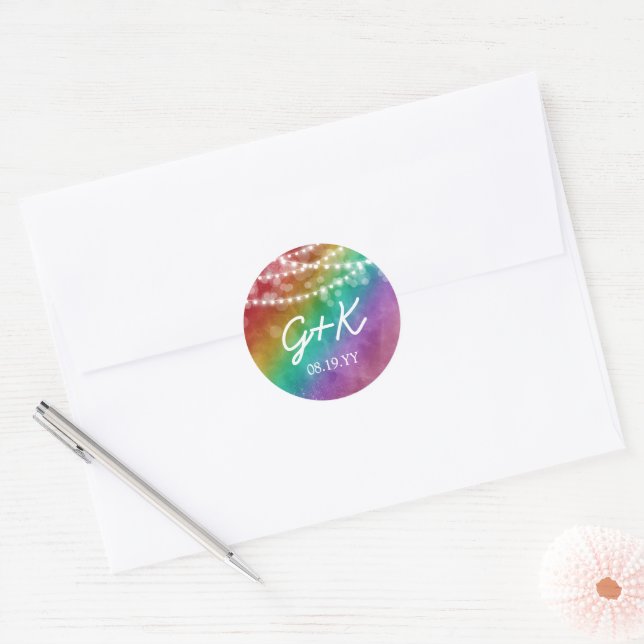 Rainbow Ombre String Lights Monogram Gay Wedding Classic Round Sticker (Envelope)