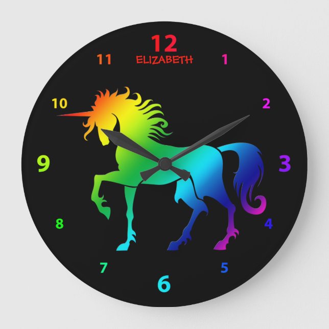 Rainbow On Black Named Unicorn Clock (Front)