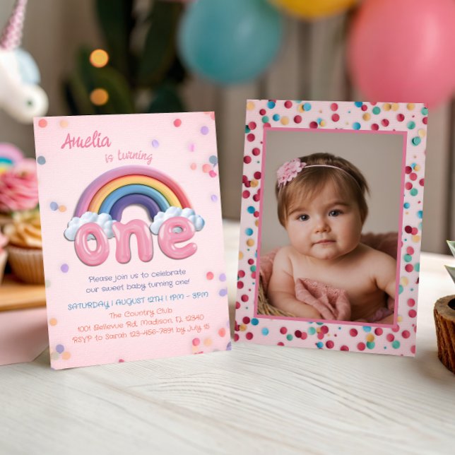 Rainbow One Photo Birthday Baby Girl Invitation (Creator Uploaded)